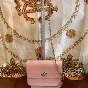 Coach Pink Crossbody Bag with Silver Chain callouts on pics 3 and 6.  Light mark